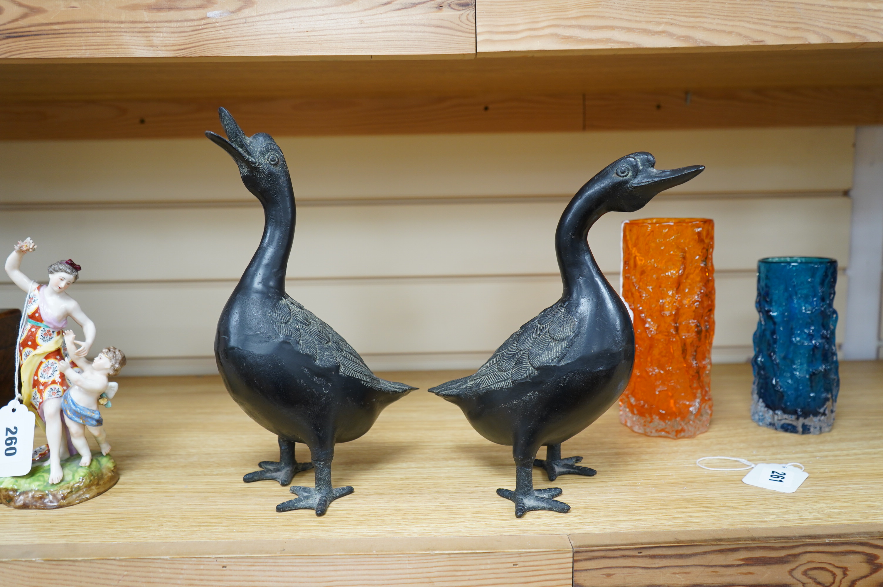 Two 20th century Japanese cast iron models of ducks, 28.5cm. Condition - fair to good